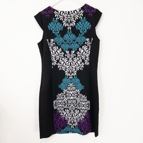 Voir Voir Womens Shift Dress‎ Black Damask Stretch Jewel Neck Cap Sleeve 10 - Picture 3 of 5